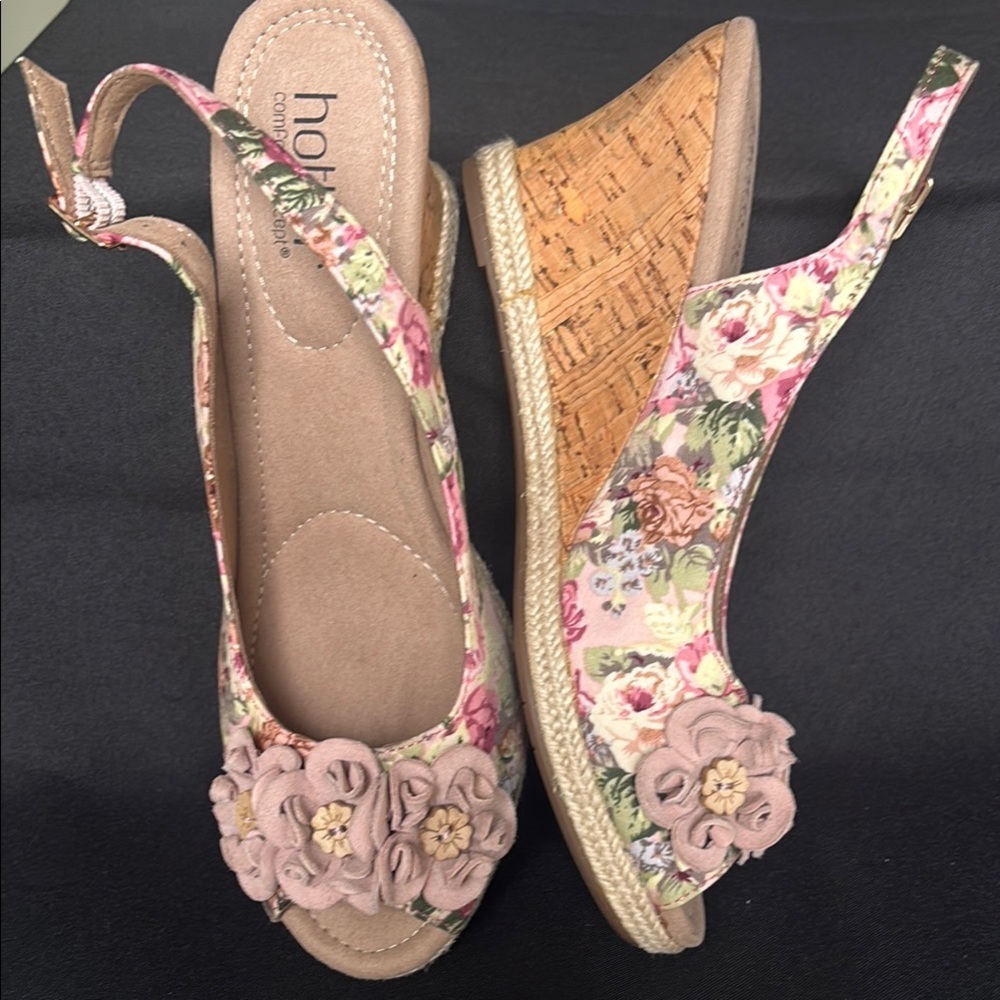 Hotter Hattie Comfort Pink Floral Slingback Wedge Sandals, Size 6.5